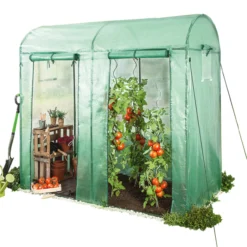 Tomatengewächshaus mit 2 Toren und 4 Fenstern, ca. 200 x 100 x 150/180 cm - Grün