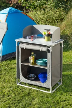 Tragbarer Camping Kochtisch mit Windschutz, ca. 75 x 55 x 82/108 cm – Schwarz/Silber