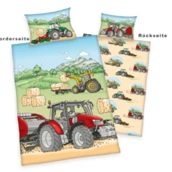 Traktor Flanell-Bettwäsche "Made in Green" Größe 40x60 + 100x135 cm