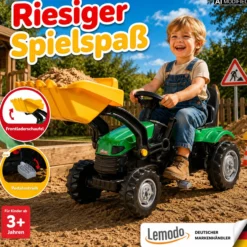 Trettraktor mit Schaufel grün, Kinder Traktor ab 3 Jahre, Traktor zum draufsitzen