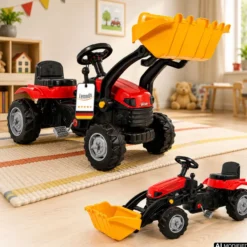 Trettraktor mit Schaufel rot, Kinder Traktor ab 3 Jahre, Traktor zum draufsitzen