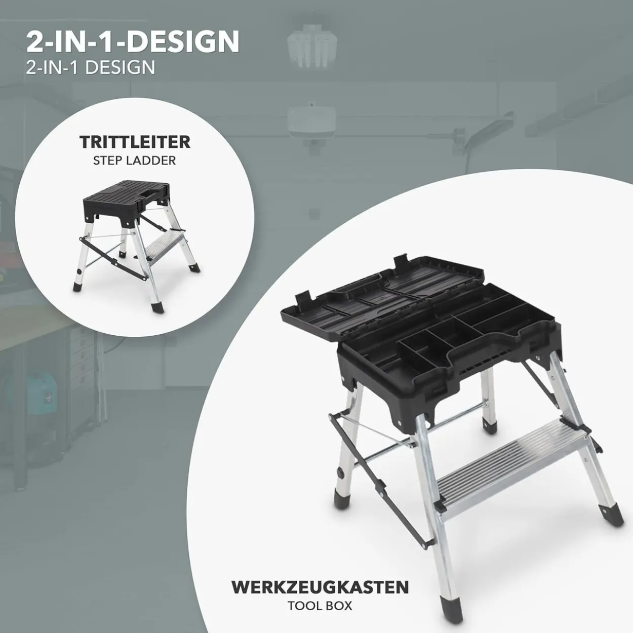 Trittleiter zweistufig mit Werkzeugbox