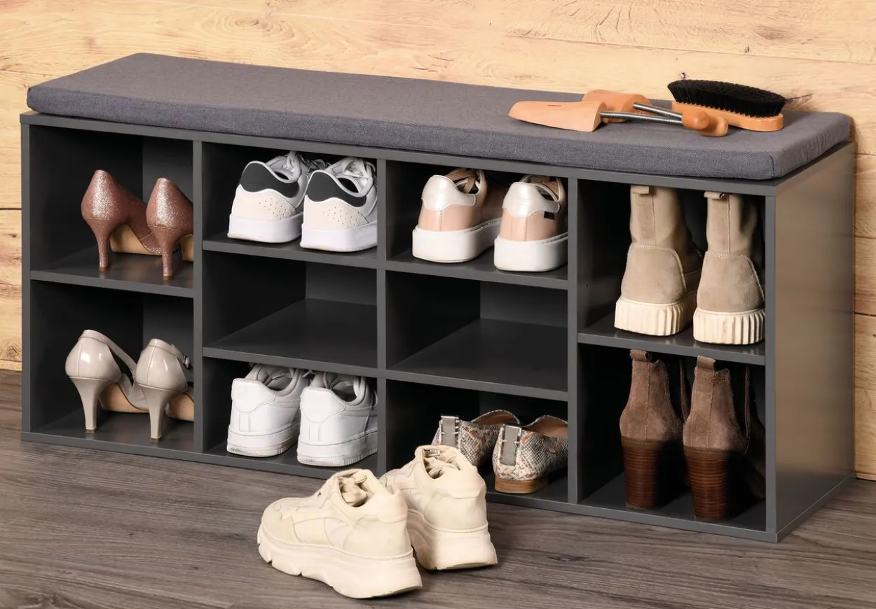 Universal-/ Schuhschrank mit Sitzkissen - Grau lackiert