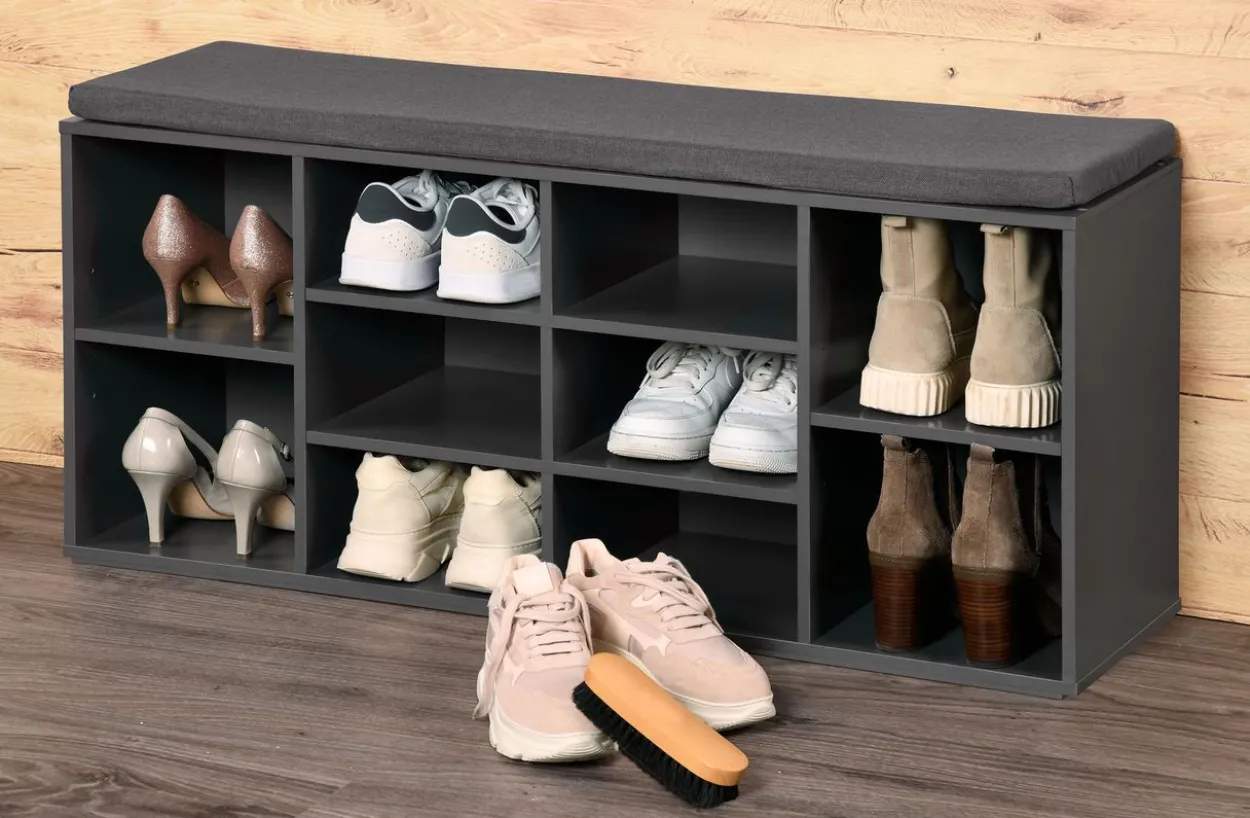 Universal-/ Schuhschrank mit Sitzkissen - Grau lackiert