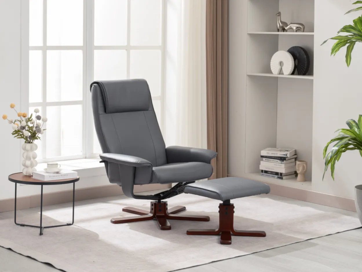 Verstellbarer Relaxsessel mit Hocker & Holzbeine - Grau