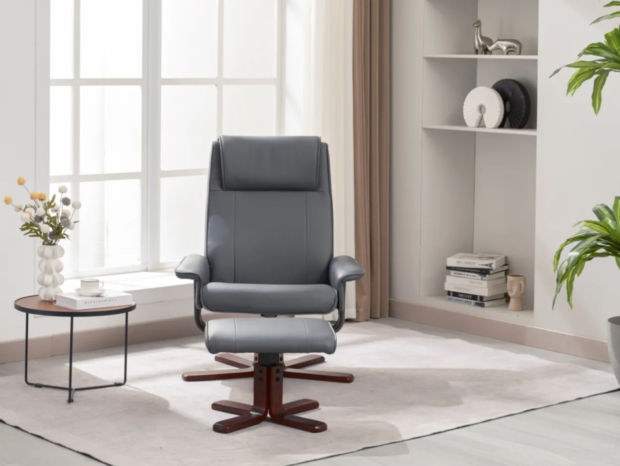 Verstellbarer Relaxsessel mit Hocker & Holzbeine - Grau