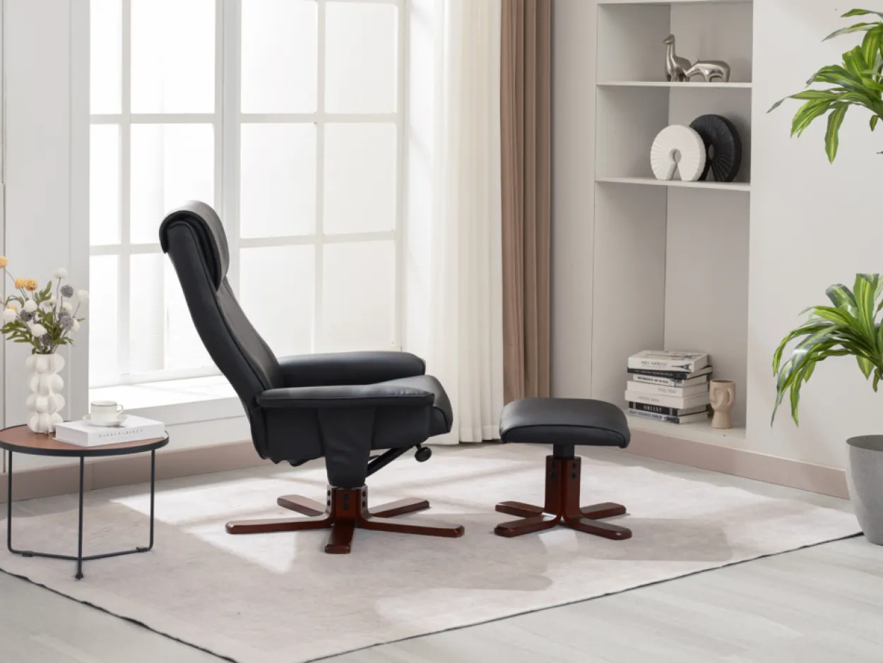 Verstellbarer Relaxsessel mit Hocker & Holzbeine - Schwarz