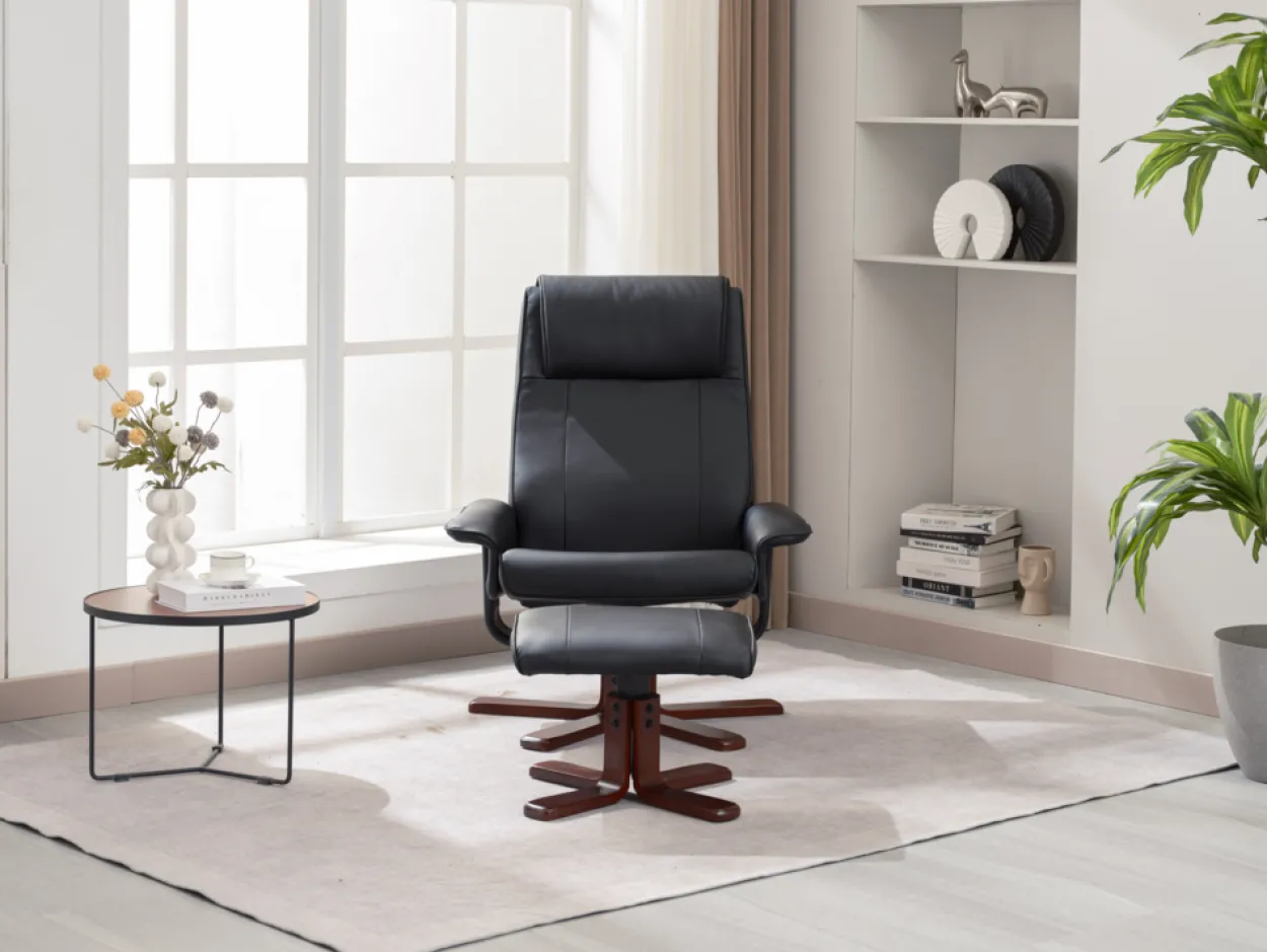 Verstellbarer Relaxsessel mit Hocker & Holzbeine - Schwarz