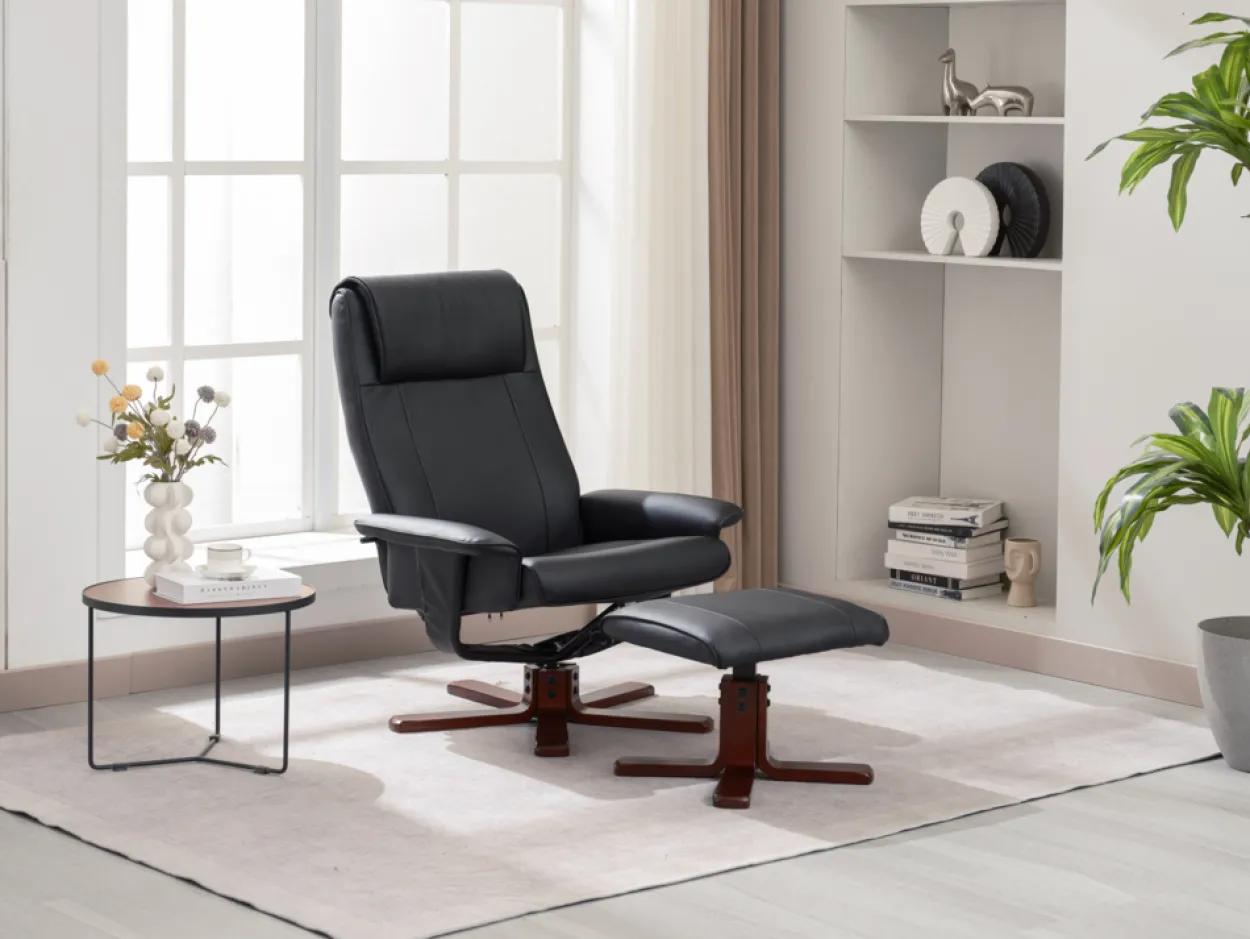 Verstellbarer Relaxsessel mit Hocker & Holzbeine - Schwarz