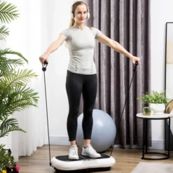 Vibrationsplatte mit 2 Fitnessbändern, 99 Stufen, 120 kg, LCD, 200 W, Weiß/Schwarz