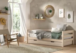 VIPACK - Funktionsbett mit Umrandung, Rolllattenrost, 90x200, Bettschublade, Milky White lackiert