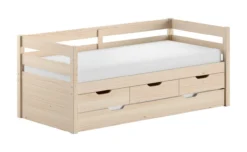 VIPACK - Funktionsbett, 3 Schubladen, Rolllattenrost, 90x200, Bettschublade, Milky White lackiert