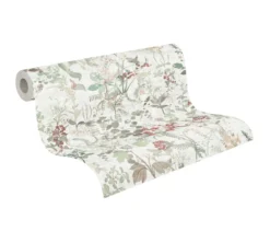 Vliestapete floral 10,05 m x 0,53 m - Weiß, Grün, Rot, Beige - Tapete strukturiert