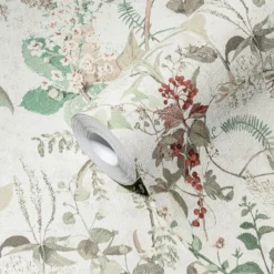 Vliestapete floral 10,05 m x 0,53 m - Weiß, Grün, Rot, Beige - Tapete strukturiert