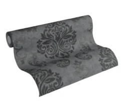 Vliestapete in Barock-Optik 10,05 m x 0,53 m - Schwarz, Silber, Grau - klassische Tapete Ornamente