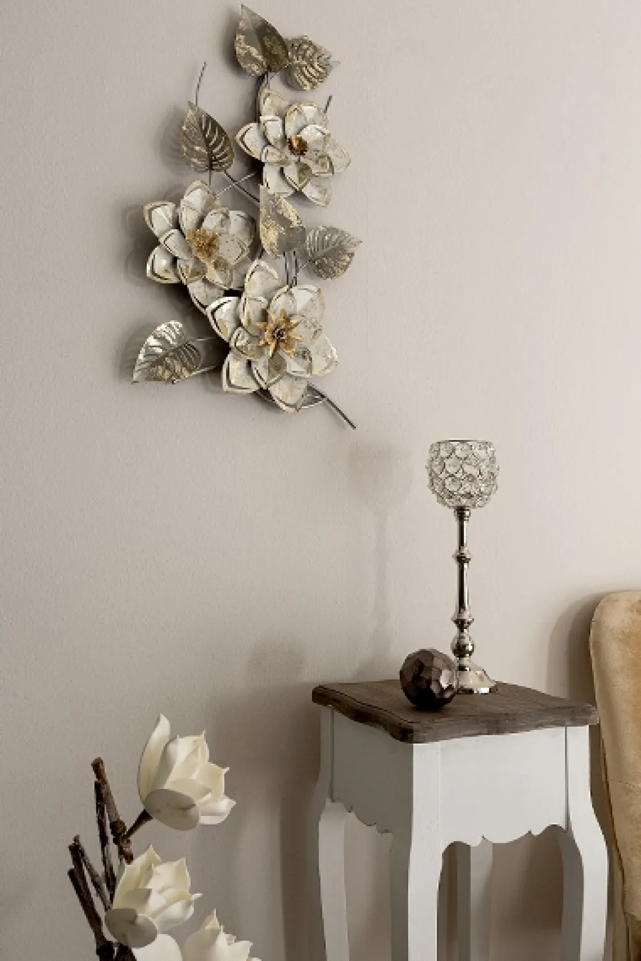 Wandbild Blumen, silber/weiss, aus Metall
