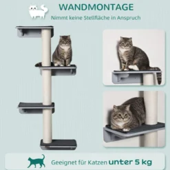 Wandkratzbaum Kletterspaß für Katzen Wandmontage Holz Hellgrau+Beige 66 x 28 x 137 cm