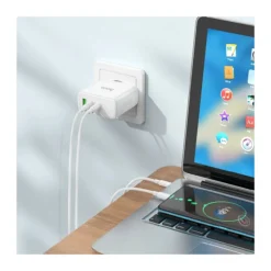 Wandladegerät 2 x Typ C + USB A QC PD 65W GaN N30 weiß - Ladegerät mit 3 Steckplätzen