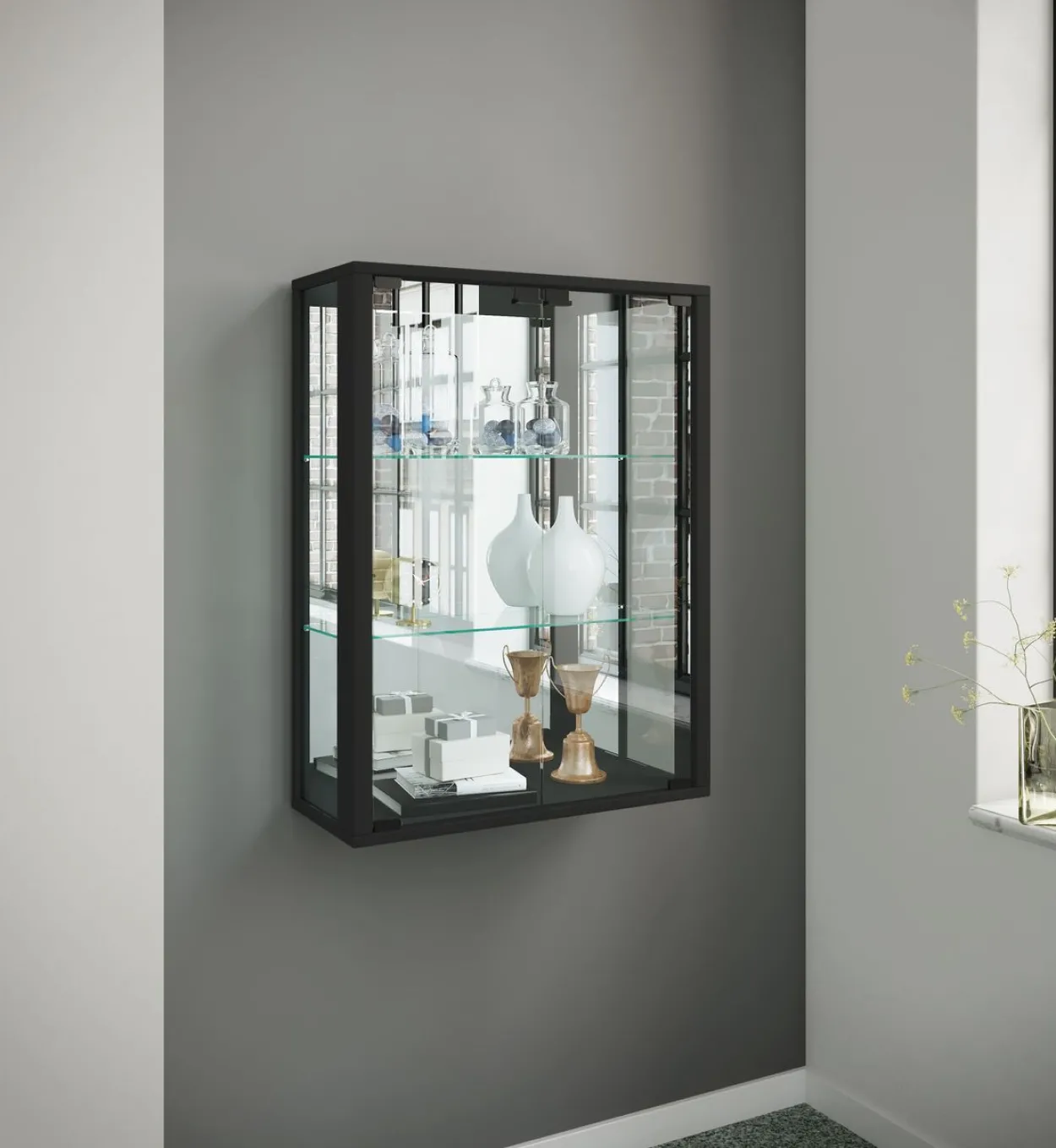 Wandvitrine "Udina" mit Spiegel Schwarz