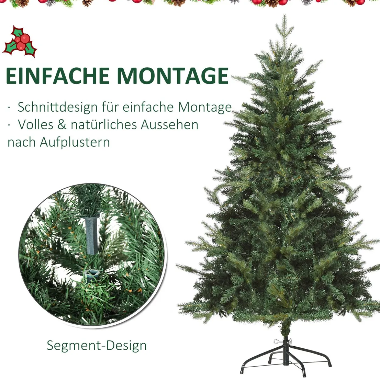 Weihnachtsbaum 1,5 m Christbaum Kunsttanne 946 Zweige Metallfuß PVC Grün Ø95 x 150H cm