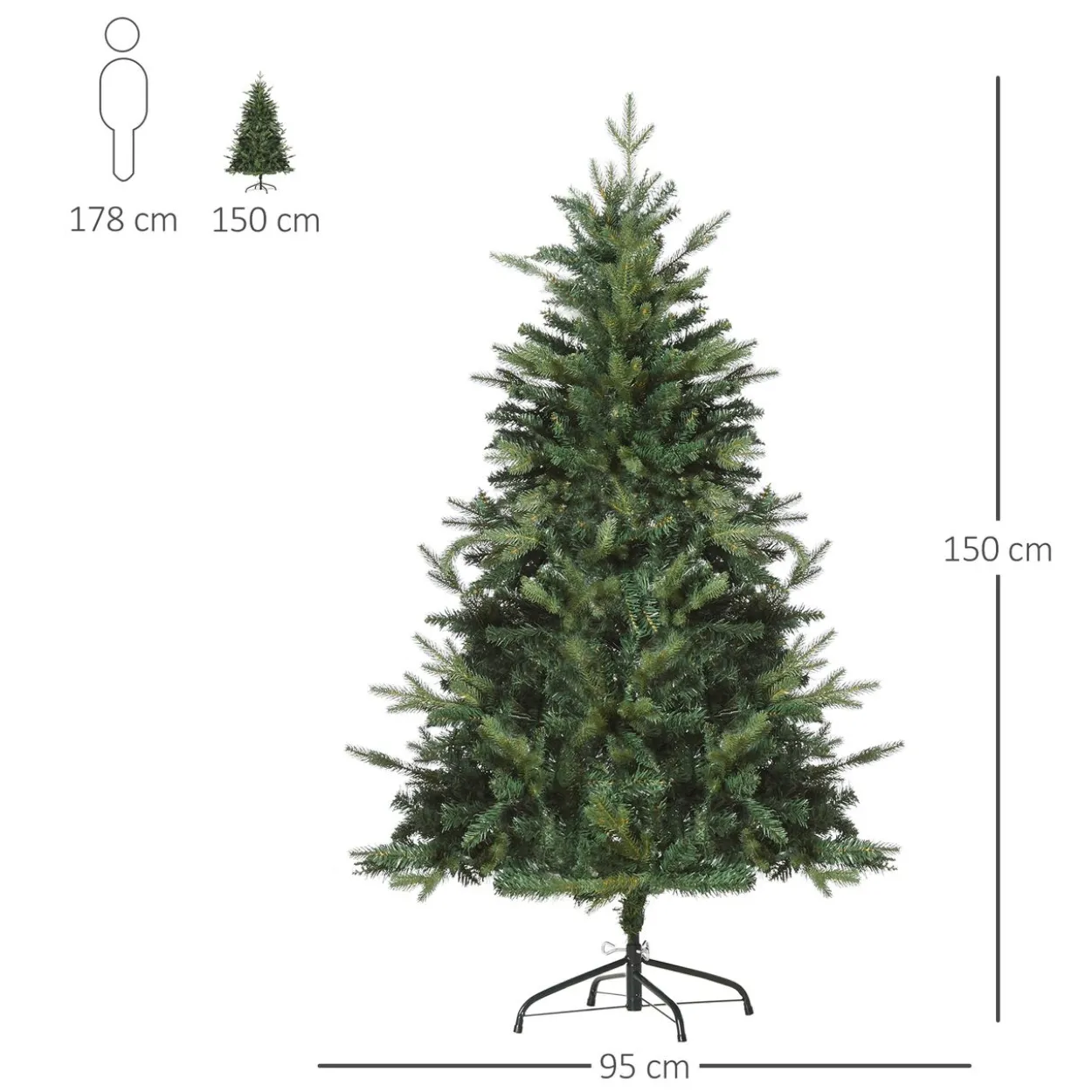 Weihnachtsbaum 1,5 m Christbaum Kunsttanne 946 Zweige Metallfuß PVC Grün Ø95 x 150H cm