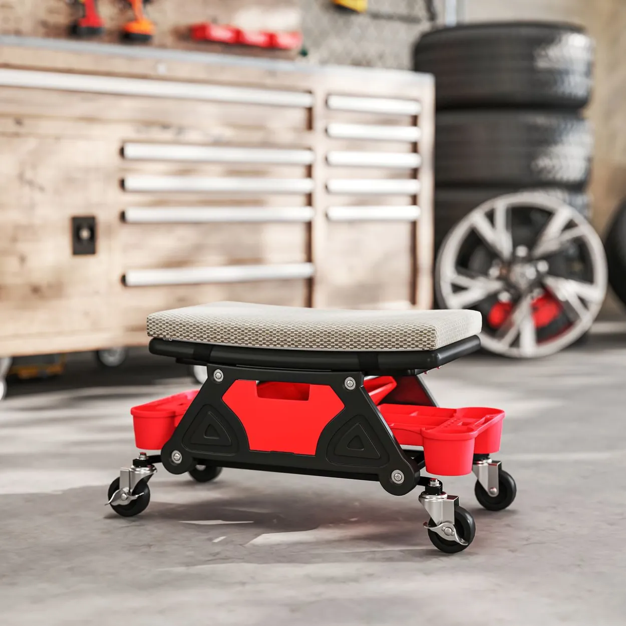 Werkstatthocker mit Rollen Ablagefläche 35cm hoch Rollhocker bis 135 kg