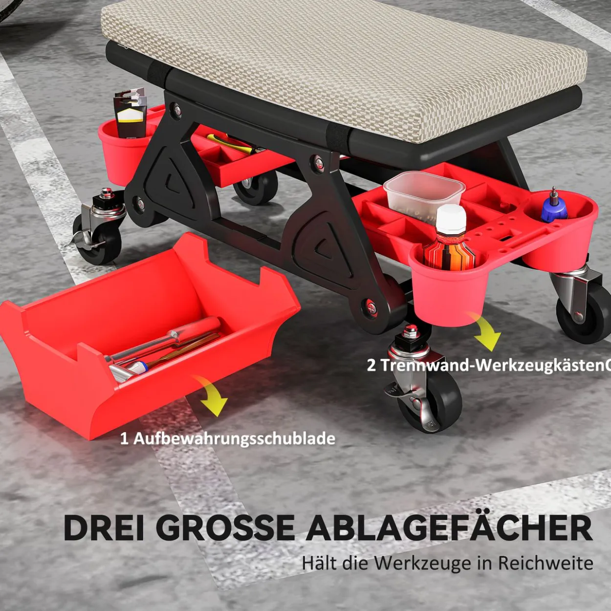 Werkstatthocker mit Rollen Ablagefläche 35cm hoch Rollhocker bis 135 kg