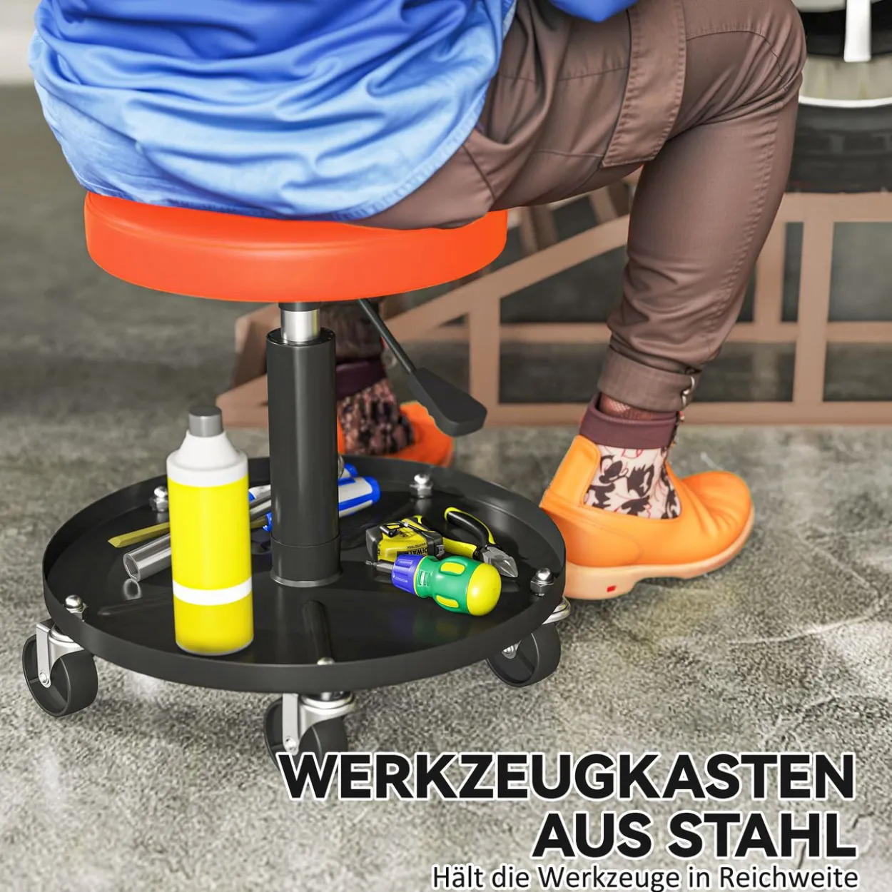 Werkstatthocker mit Rollen Ablagefläche höhenverstellbar Rollhocker