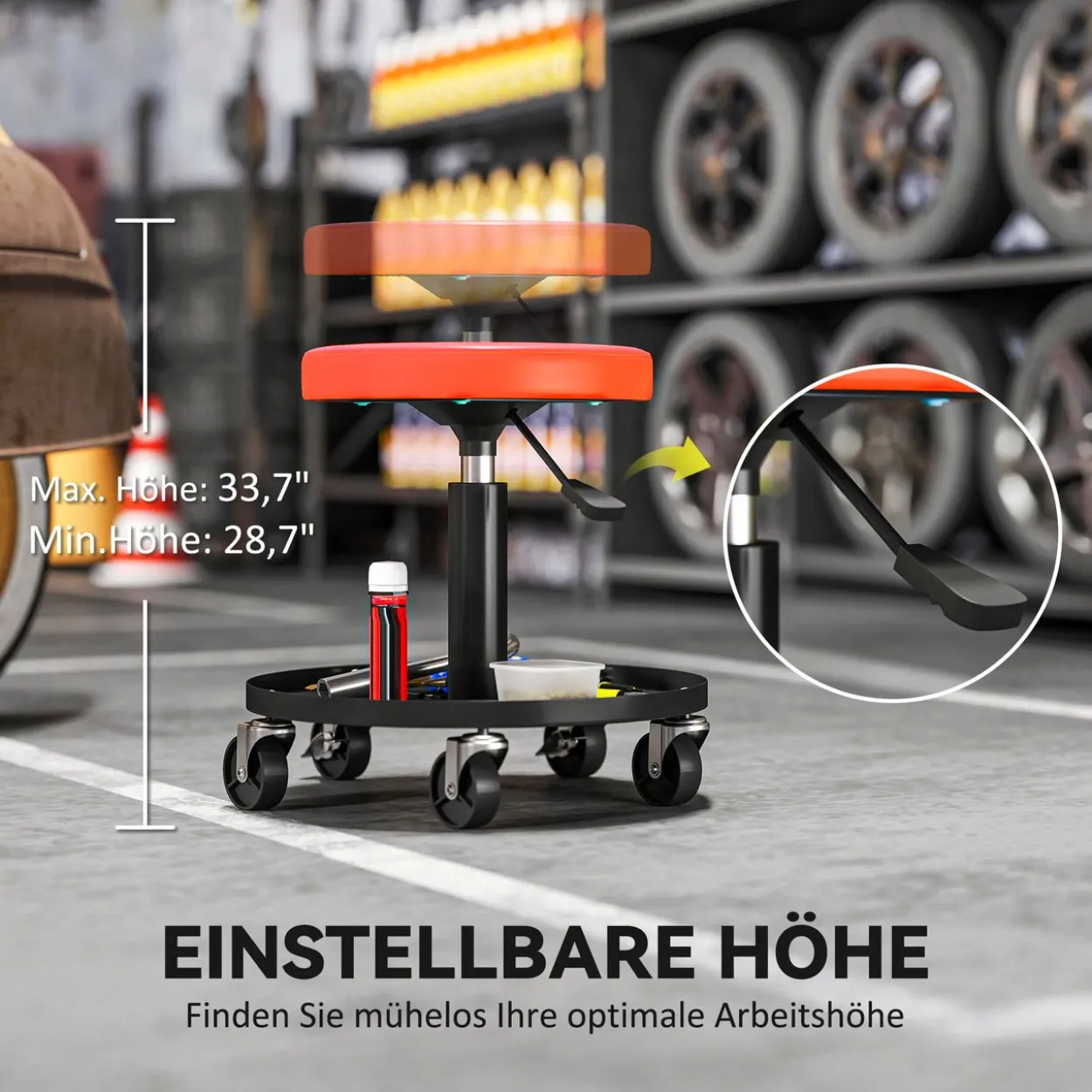 Werkstatthocker mit Rollen Ablagefläche höhenverstellbar Rollhocker