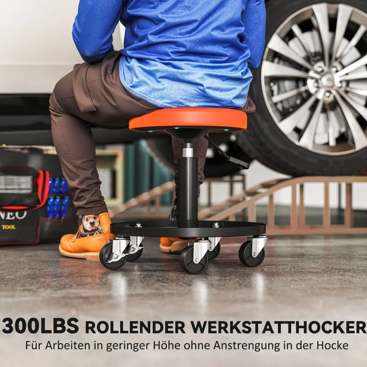 Werkstatthocker mit Rollen Ablagefläche höhenverstellbar Rollhocker