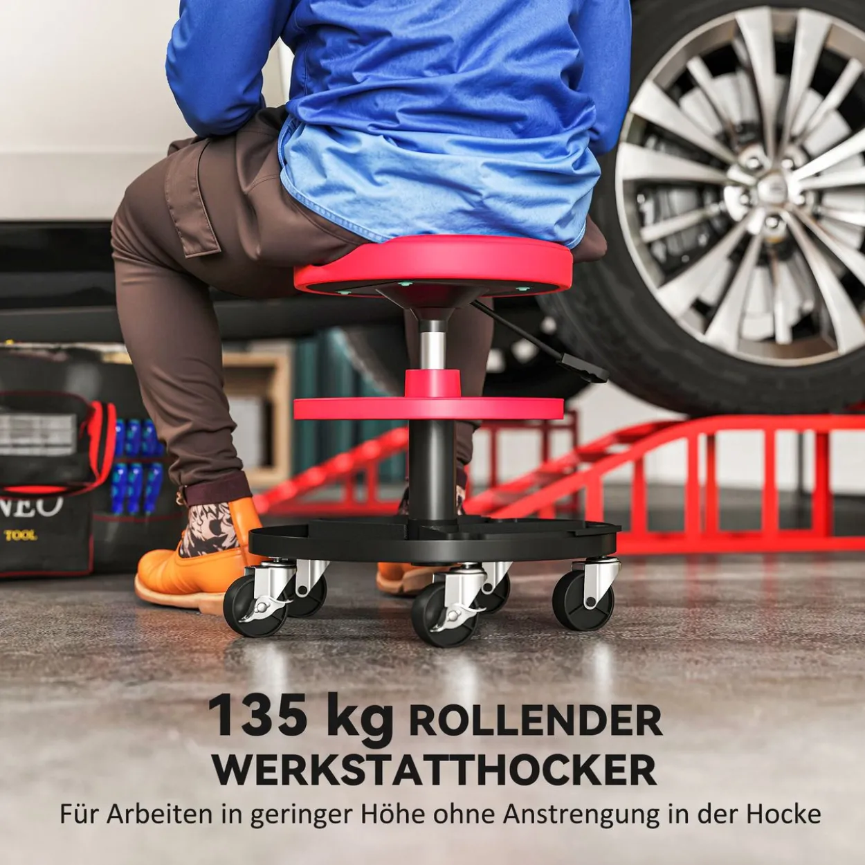 Werkstatthocker mit Rollen Tabletts höhenverstellbar 40-51cm Rollhocker
