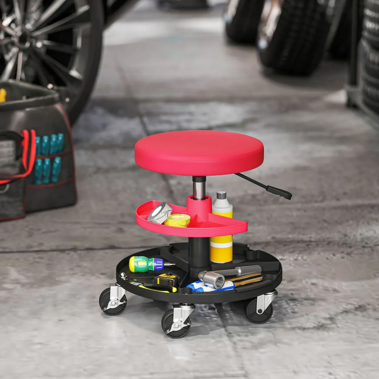 Werkstatthocker mit Rollen Tabletts höhenverstellbar 40-51cm Rollhocker