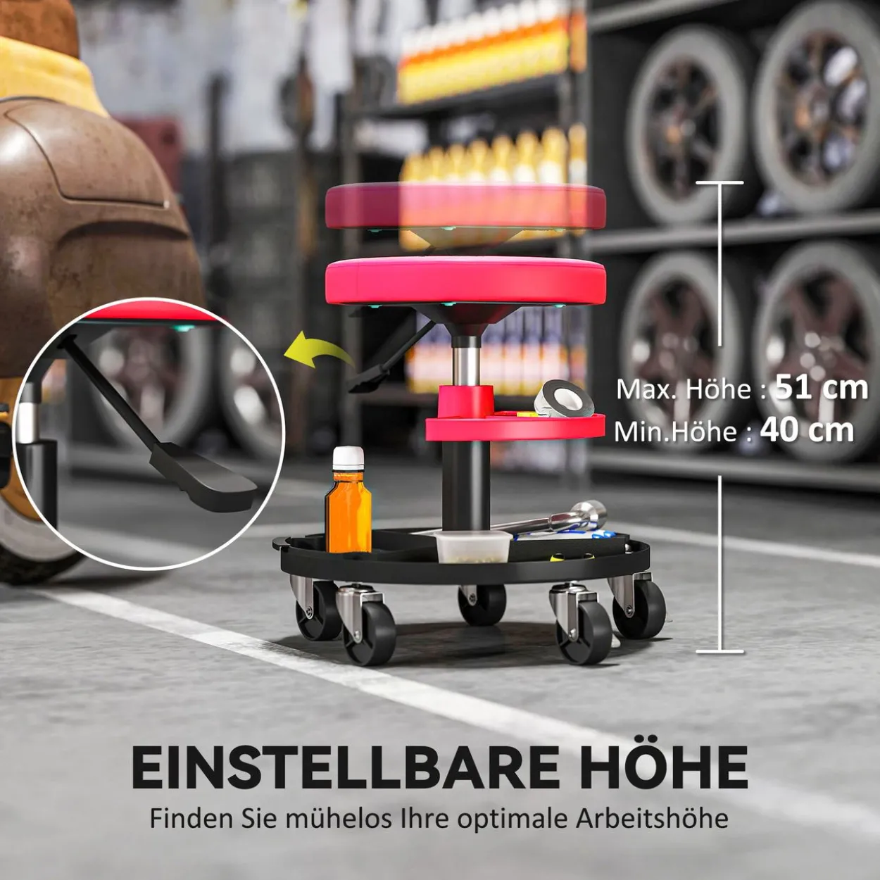 Werkstatthocker mit Rollen Tabletts höhenverstellbar 40-51cm Rollhocker