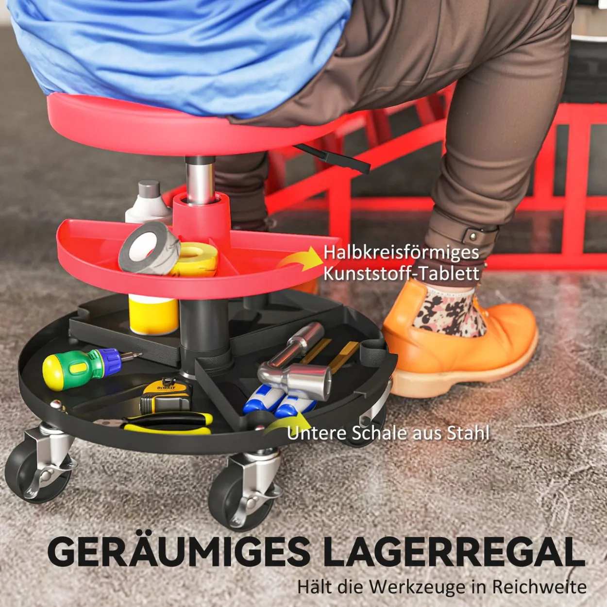 Werkstatthocker mit Rollen Tabletts höhenverstellbar 40-51cm Rollhocker