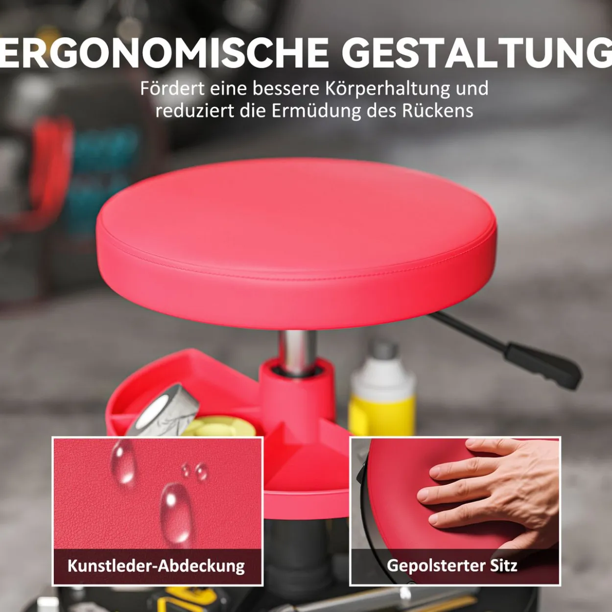 Werkstatthocker mit Rollen Tabletts höhenverstellbar 40-51cm Rollhocker
