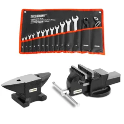Werkzeug-Set mit Schraubstock, Amboss, Schraubschlüssel und Zangen-Set 12 tlg.