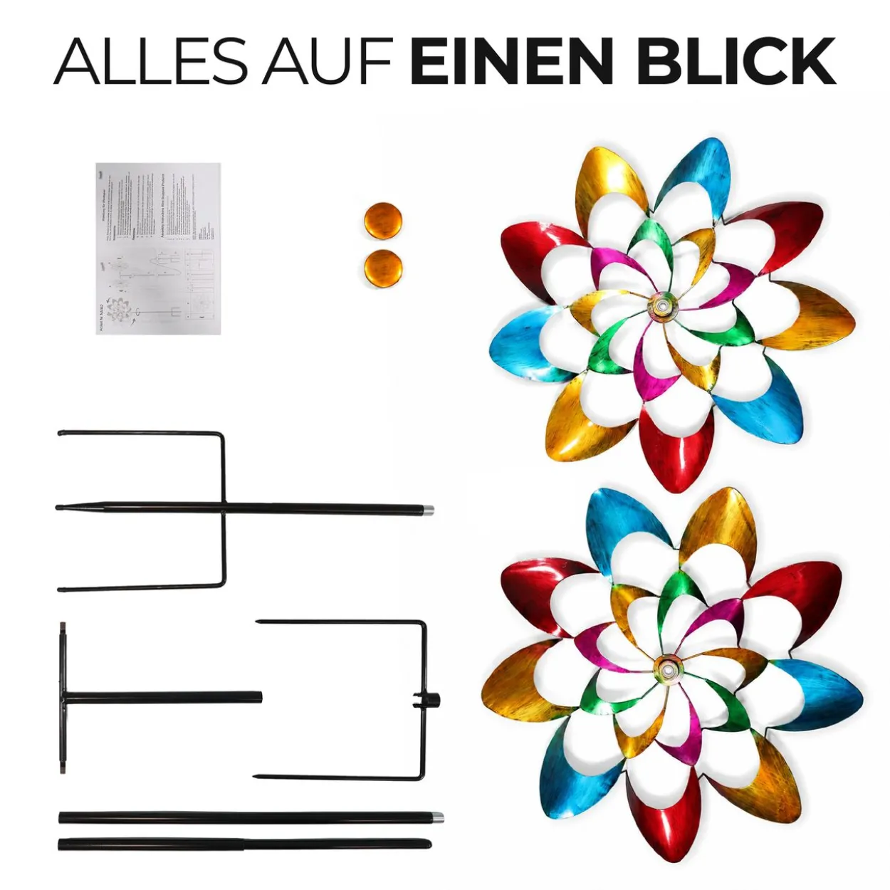 Windrad Garten Kaleido, buntes Metall Windspiel mit Erdspieß