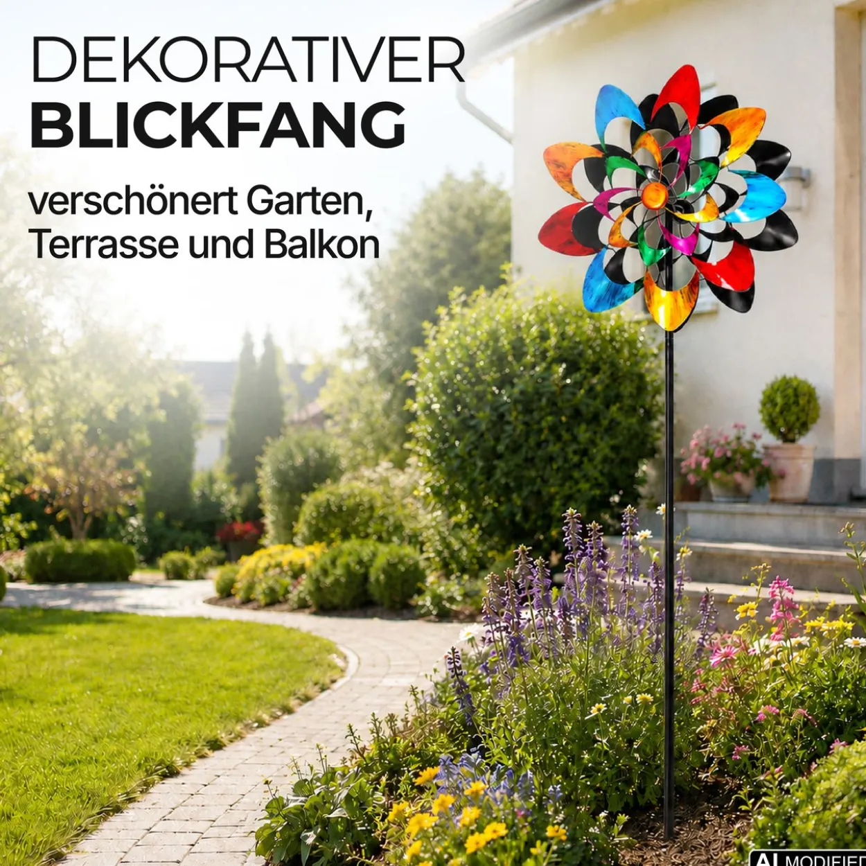 Windrad Garten Kaleido, buntes Metall Windspiel mit Erdspieß