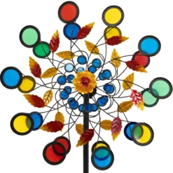 Windrad Garten Metall, 2 Rotoren, buntes Acryl-Windspiel 213 cm