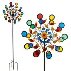 Windrad Garten Metall, 2 Rotoren, buntes Acryl-Windspiel 213 cm