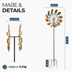Windrad Garten Peacock aus Metall, buntes Windspiel, 212 cm hoch