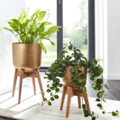 WOHNLING Blumentopf 2er Set Metall Holz Pflanzenkübel Gold Rund Pflanzgefäß