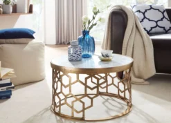 WOHNLING Couchtisch Echter Marmor Sofatisch Ø 60 cm Tisch Wohnzimmertisch Rund