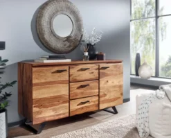 WOHNLING Sideboard 145x82x45 cm Holz Massiv Kommode Anrichte Modern Schubladen