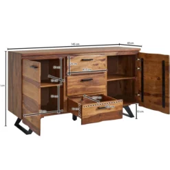 WOHNLING Sideboard 145x82x45 cm Holz Massiv Kommode Anrichte Modern Schubladen