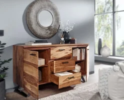 WOHNLING Sideboard 145x82x45 cm Holz Massiv Kommode Anrichte Modern Schubladen