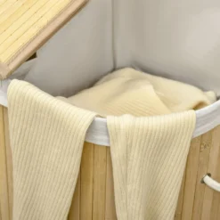 Wäschekorb 100L Wäschebox mit Deckel, Griff, 2 Abschnitten Bambus Natur