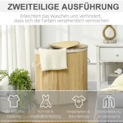 Wäschekorb 100L Wäschebox mit Deckel, Griff, 2 Abschnitten Bambus Natur