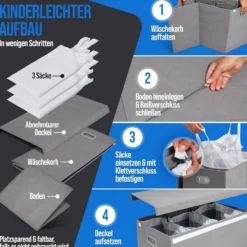 Wäschekorb mit 3 Fächern – 156 L Wäschesammler mit Deckel
