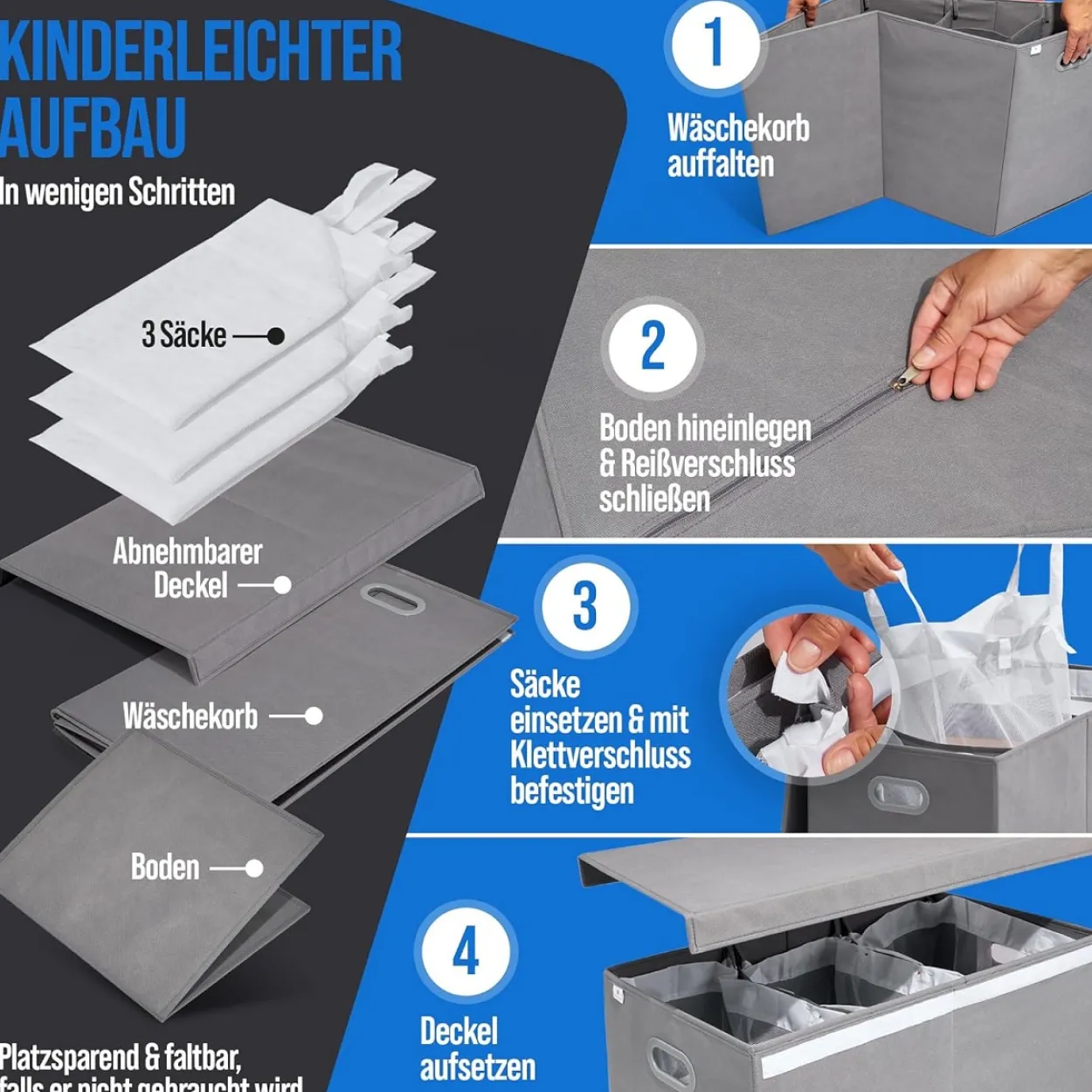 Wäschekorb mit 3 Fächern – 156 L Wäschesammler mit Deckel